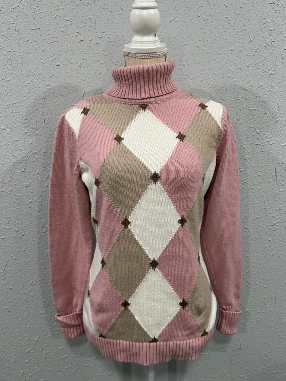 Liz Claiborne Pink‎ Argyle Turtleneck Cotton Sweater Size M Academia Preppy